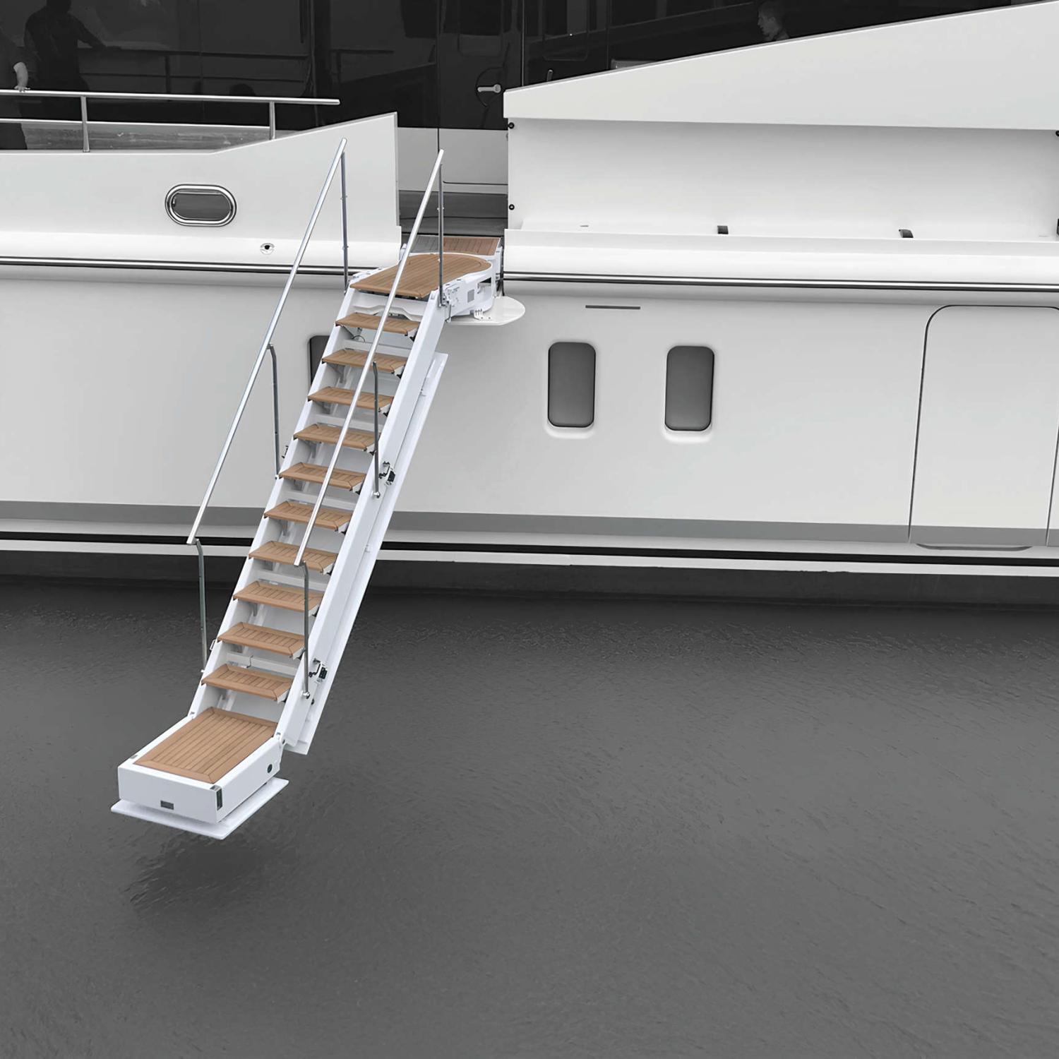 Stainless steel and teak king stepladder for yachts, example of a hydraulic and rotating side boarding solution